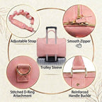 Pink luggage trolley sleeve shown with a rolling suitcase, surrounded by circular feature callouts for an adjustable strap, smooth zipper, stitched D-ring attachment, and reinforced handle buckle.
