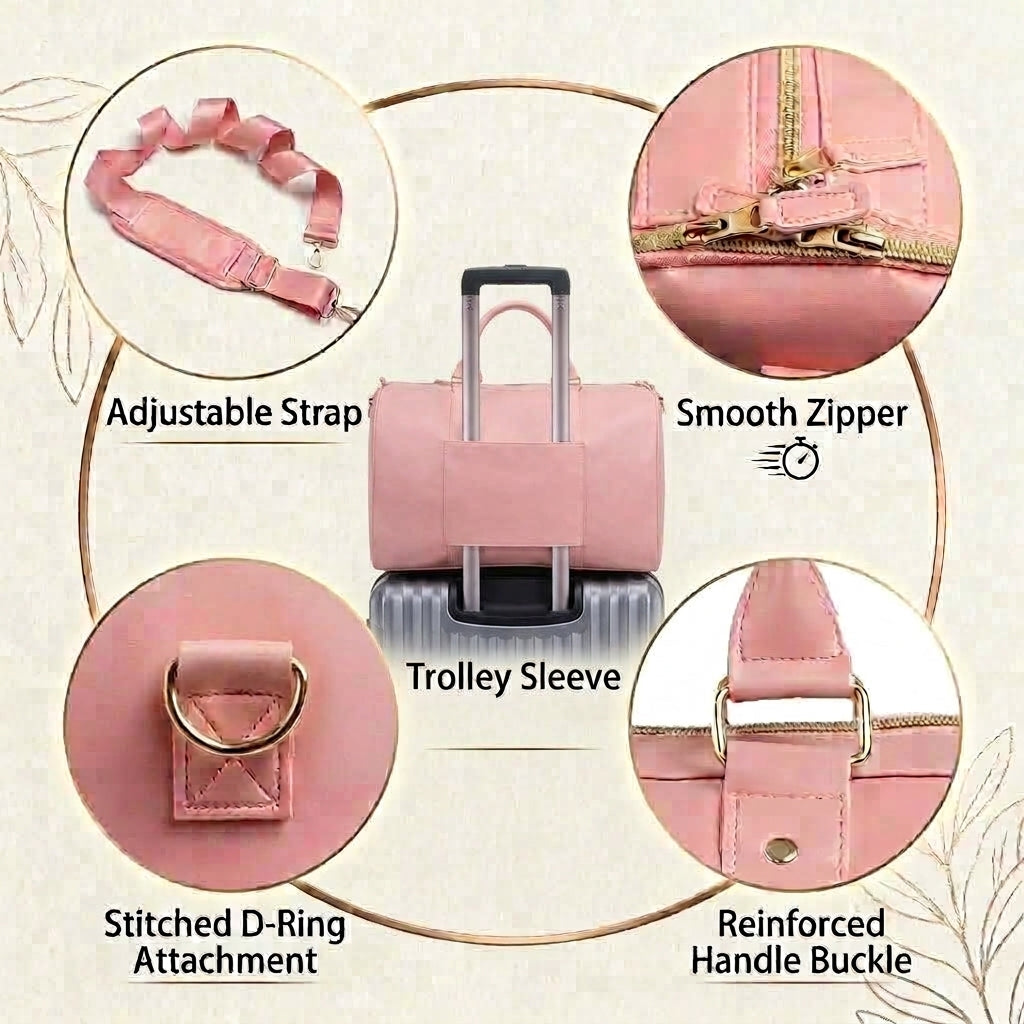Pink luggage trolley sleeve shown with a rolling suitcase, surrounded by circular feature callouts for an adjustable strap, smooth zipper, stitched D-ring attachment, and reinforced handle buckle.
