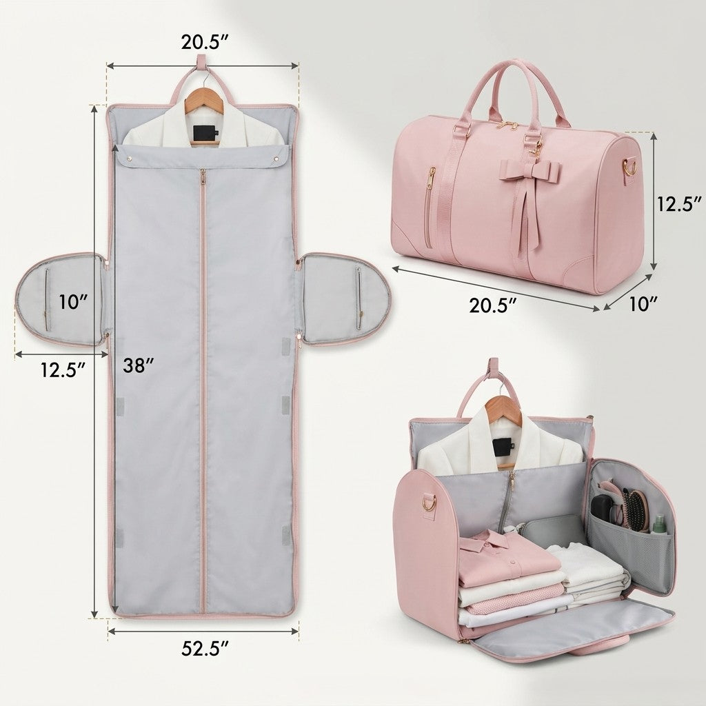 Pink and gray collapsible travel garment bag shown in multiple configurations with dimension labels, including closed view, unfolded side panels, and packed with folded clothing.