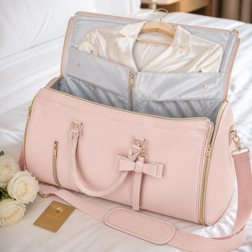 A light pink travel bag with gold zippers and a bow detail, shown open on a white bed with a white shirt inside. A small gold card and white roses are placed beside it.